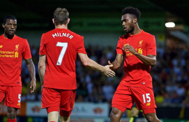 Sturridge celebrates with Milner to celebrate turning in the midfielder's cross for 4-0. (Picture: Daily Mirror)