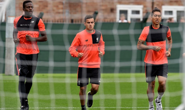 Coutinho in training with teammates Origi and Firmino on Thursday. (Picture: Liverpool FC)
