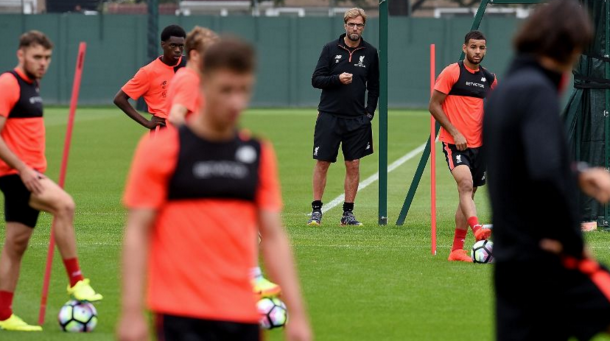 Klopp in training with his players at Melwood on Thursday. (Picture: Getty Images)