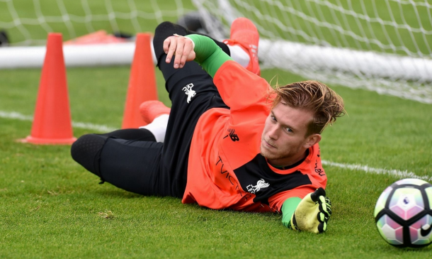 Karius making one-handed saves at Melwood earlier in the week. (Picture: Getty Images)