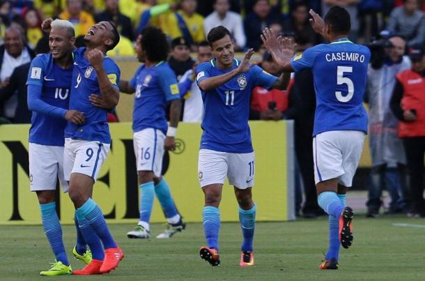 Coutinho celebrates one of Brazil's goals with his teammates in their 3-0 win over Ecuador. (Picture: Getty Images)