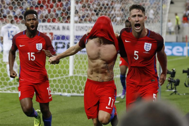 Lallana wheels away in front of the England fans after netting the winner. (Picture: Getty Images)