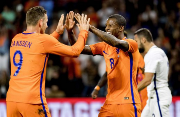 Wijnaldum celebrates getting on the scoresheet for his country. (Picture: www.nst.com.my)