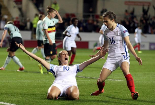 Jill Scott celebrates her late equaliser against Belgium | Photo: Nigel Roddis- The FA / Getty Images 