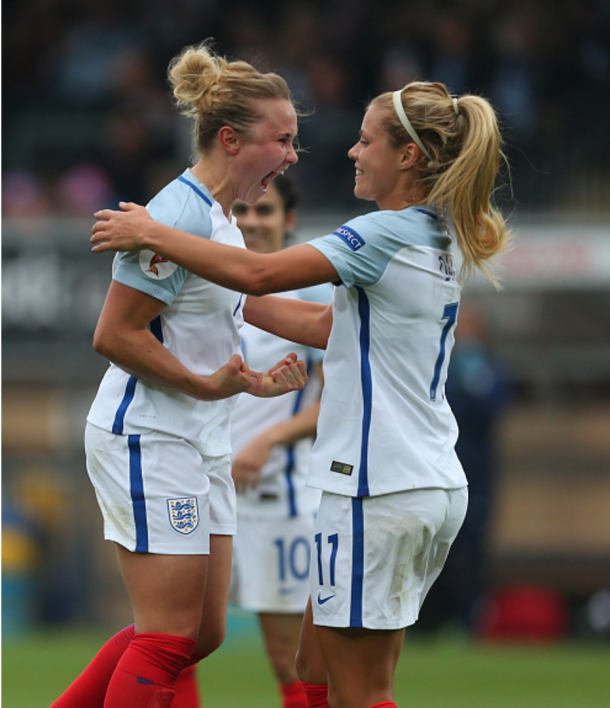 Issy Christiansen celebrates after scoring the fifth goal against Serbia | Photo: Getty Images