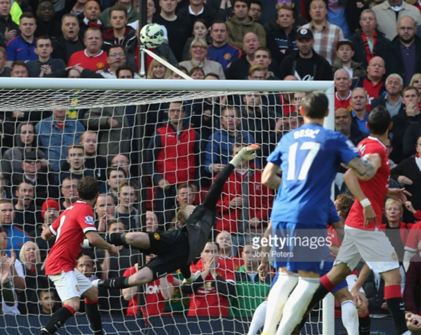 One of David de Gea's most memorable saves in his three seasons of winning the Sir Matt Busby Award was this stunning save - Everton with his weak hand (John Peters/Getty Images)