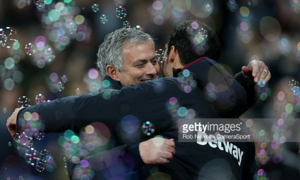 Mourinho hugs Alvaro Arbeloa after United's 2-0 win over West Ham (Rob Newell/CameraSport/Getty Images)