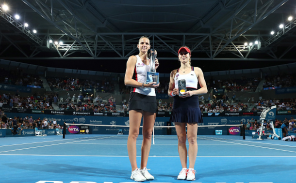 Pliskova and Cornet pose with their respective trophies (Chris Hyde/Getty Images)