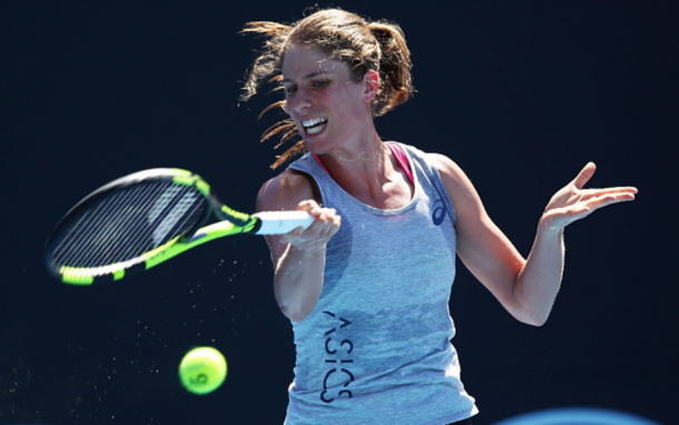 Johanna Konta practices ahead of her fourth round showdown against Ekaterina Makarova (Clive Brunskill/Getty Images)