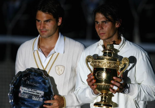 Federer and Nadal pose with their trophies after the 2008 Wimbledon Final (Julian Finney/Getty Images)