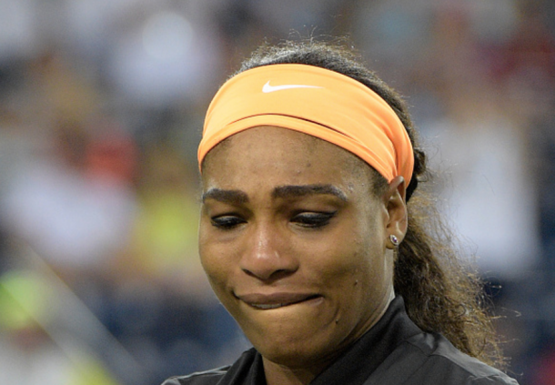 Serena in tears right before her opening match after ending her over decade-long boycott of the BNP Paribas Open (Harry How/Getty Images)