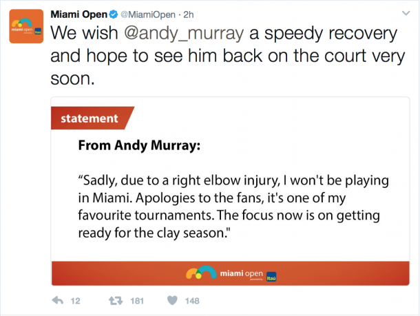 The tournament took to Twitter to break the news, wishing the world no. 1 well in his recovery. Credit: Miami Open/Twitter