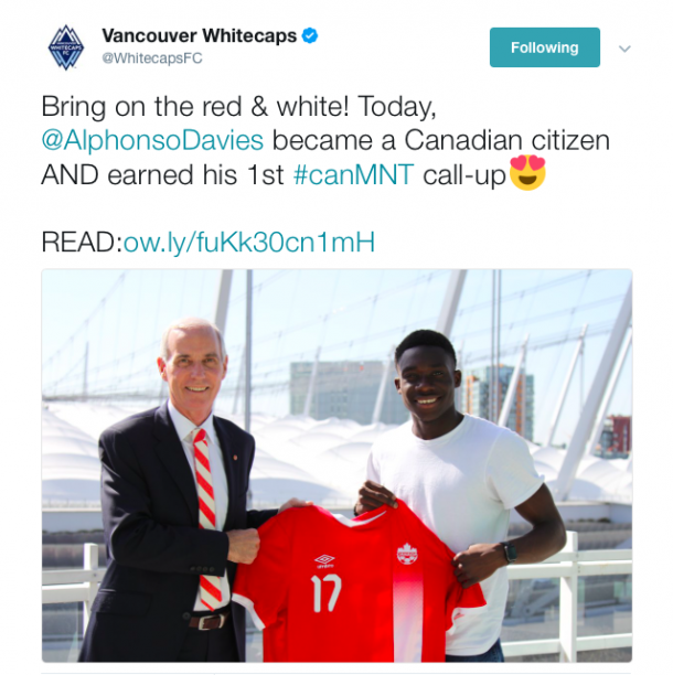 Alphonso Davies earned his first Canada Men's National team Call-up this week. (Photo: @WhitecapsFC on Twitter)