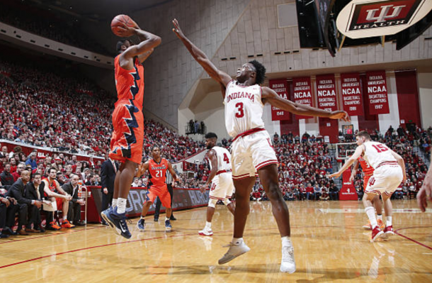 Anunoby contesting a jumper against Illinois. (Photo by Joe Robbins/Getty Images)