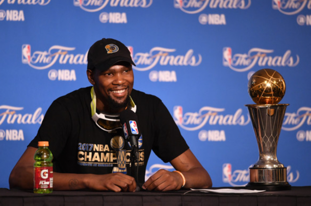 Durant smiles after Game 5 when the Warriors clinched the NBA Championship (Thearon W. Henderson/Getty Images)