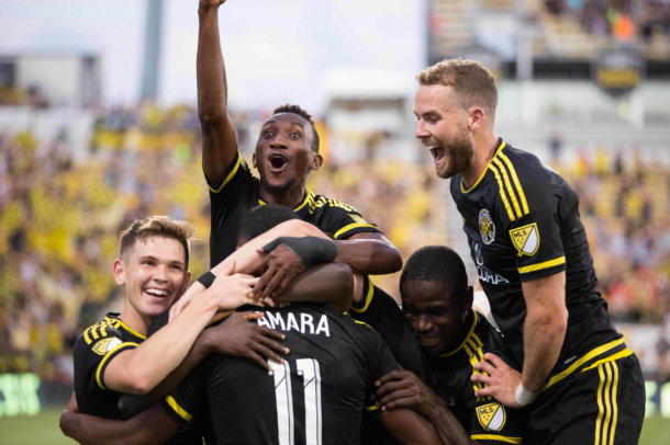 Ola Kamara celebrates his goal with teammates in Crew SC's 4-1 victory over the Montreal Impact. (Photo: Columbus Crew SC)