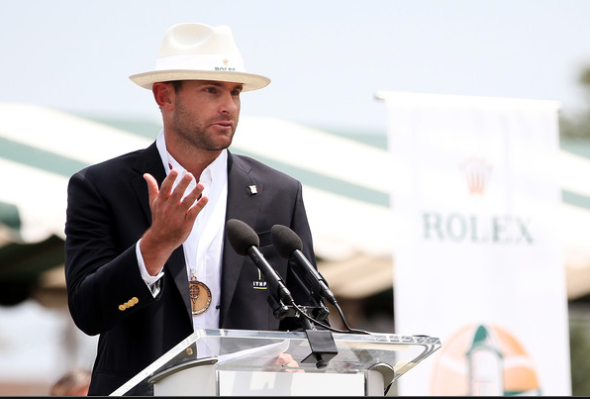 Andy Roddick delivers his induction speech at the International Tennis Hall of Fame