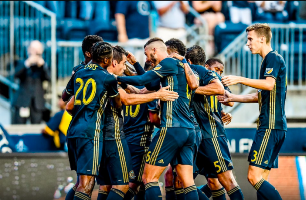 Union players celebrate Ilsinho's opening goal in their 3-0 win over Crew SC (Photo: Philadelphia Union Twitter)