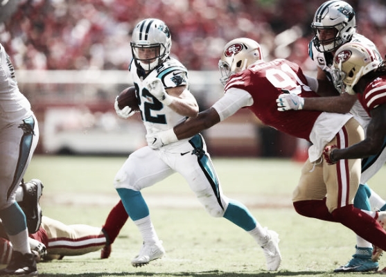 Rookie running back Christian McCaffrey dominated touches on the offensive side for the Panthers, recording an active professional debut. (Photo courtesy of Ezra Shaw via Getty Images)