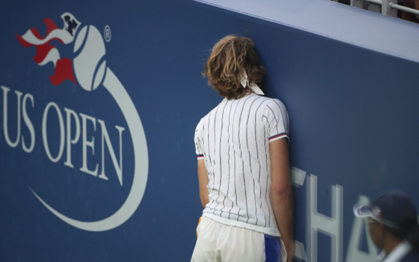 Zverev reacts during his second round loss to the US Open (Tim Clayton/Corbis/Getty Images)