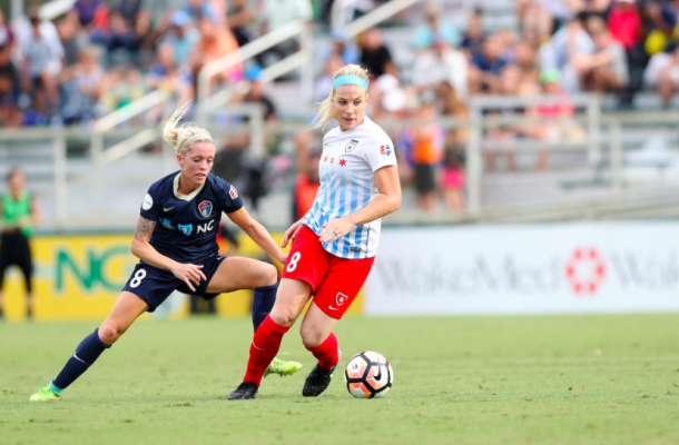 Defender Julie Ertz of Chicagoas she is up against Denise O'Sullivan, who scored the winning goal | Source: NC Courage - Twitter