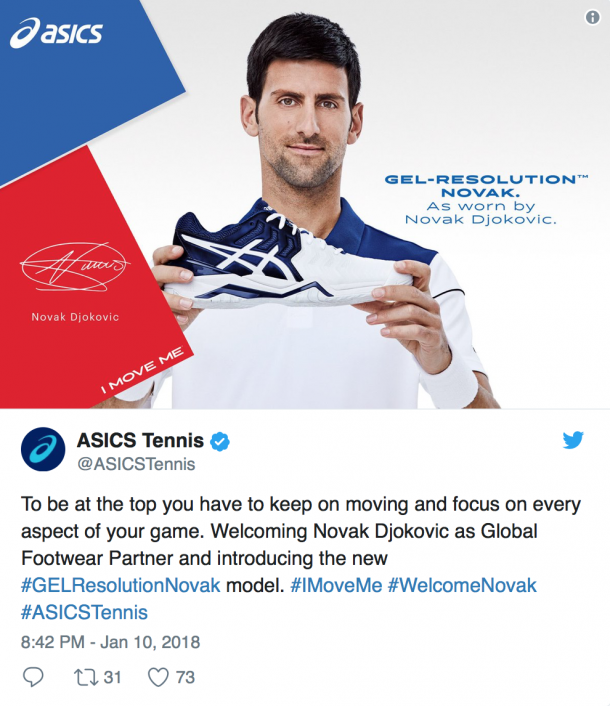 Djokovic will debut his new shoe, the Gel Resolution Novak, at the Australian Open (Asics Tennis Twitter)