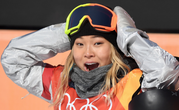 Chloe Kim reacts to her score of a 93.50 in her opening run in the women's halfpipe final (David Ramos/Getty Images)