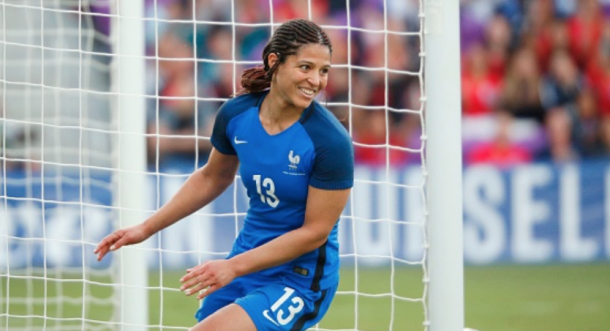 Valerie Gauvin celebrates her goal against Germany in the SheBelieves Cup (Photo by Gregg Newton/AFP/Getty Images)