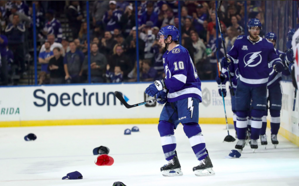 J.T. Miller celebrating his hat-trick with teammates against the Ottawa Senators. | Photo: Raw Charge of SB Nation