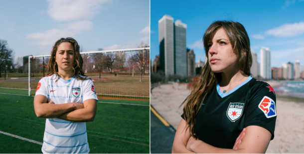 Danielle Colaprico (left) and Sofia Huerta (right) show off Chicago Red Stars 10 year anniversary kits. | Photo: Chicago Red Stars