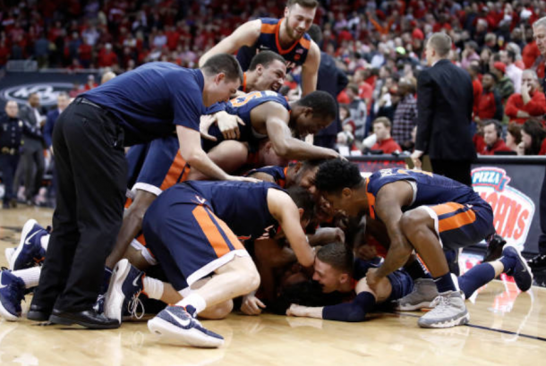 Virginia celebrates their stunning last-second victory at Louisville (Andy Lyons/Getty Images)