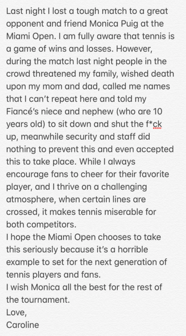 Caroline Wozniacki's statement about the hostile Miami crowd