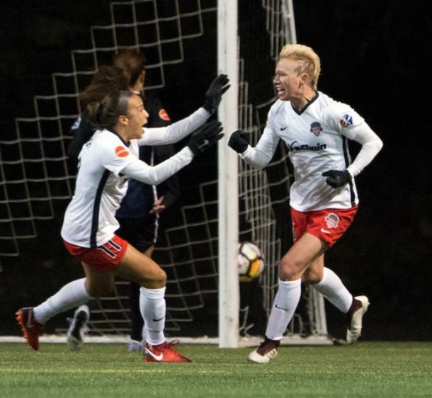 Mallory Pugh (left) and Joanna Lohman (right) celebrate Lohman's goal in Seattle. | Photo: Washington Spirit twitter