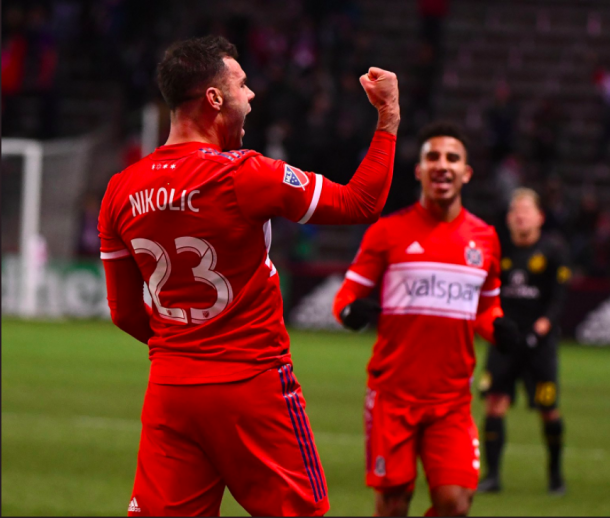 Nemanja Nikolic celebrates his goal against Columbus Crew SC. | Photo: Chicago Fire on Twitter