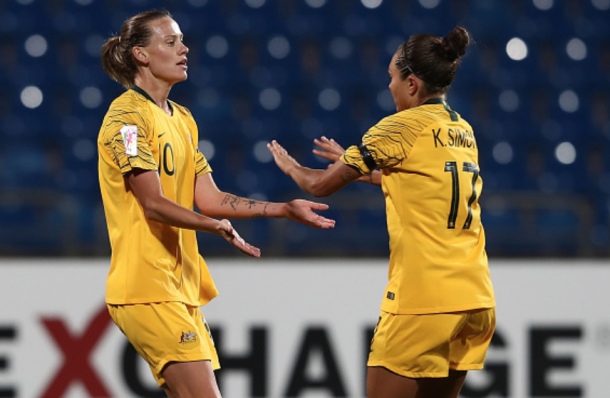 #10 Emily van Egmond of the Orlando Pride and #17 Kyah Simon of the Houston Dash celebrate a goal against Vietnam. (Photo by Francois Nel/Getty Images)