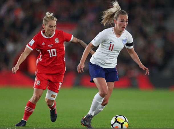 #10 Jessica Fishlock of the Seattle Reign and Wales midfielder chases down #11 England forward Toni Duggan. (Photo by Catherine Ivill/Getty Images)