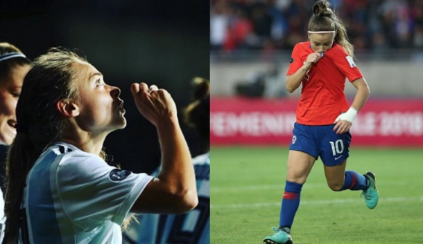 Washington Spirit teammates Estefania Banini of Argentina (left) Yanara Aedo of Chile (right) will face each other for a 2019 Women's World Cup qualifying spot. (Photo courtesy of Washington Spirt website)