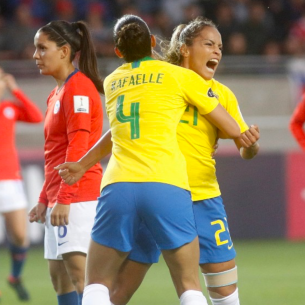 Orlando Pride and Brazil defender Moníca celebrate her goal against Chile. (Photo courtesy of Copa América Femenina official website)