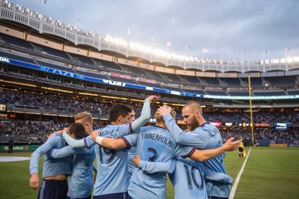 David Villa celebrating his 400th goal with his teammates. | Photo: New York City FC