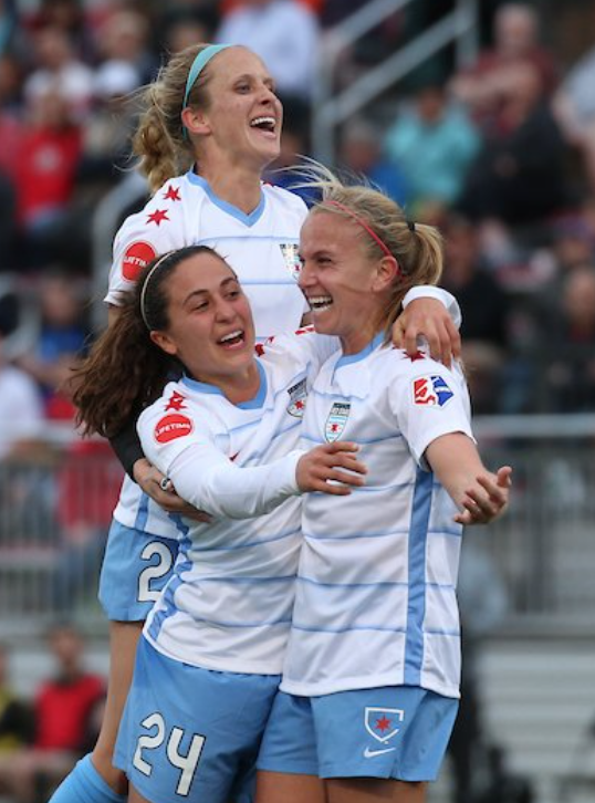 Alyssa Mautz (right) celebrates her goal with Nikki Stanton (top) and Danielle Colaprico (left) (Photo by Tony Quinn via isiphotos.com)