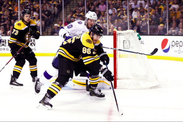 J.T. Miller fights for possession against the Boston Bruins. | Photo: Boston Bruins on Twitter