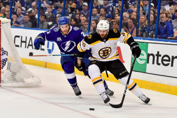 Brayden Point fights for possession of the puck against David Krejci of the Boston Bruins. | Photo: Boston Bruins on Twitter