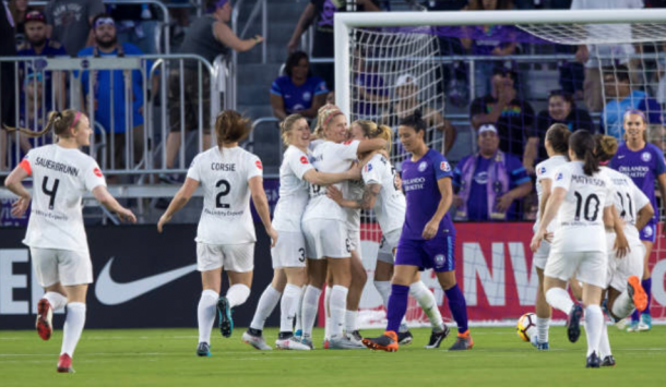 Utah Royal FC celebrate the team's first goal in franchise history against the Orlando Pride in Week 1 of the NWSL season. (Photo by Andrew Bershaw/Icon Sportswire via Getty Images)