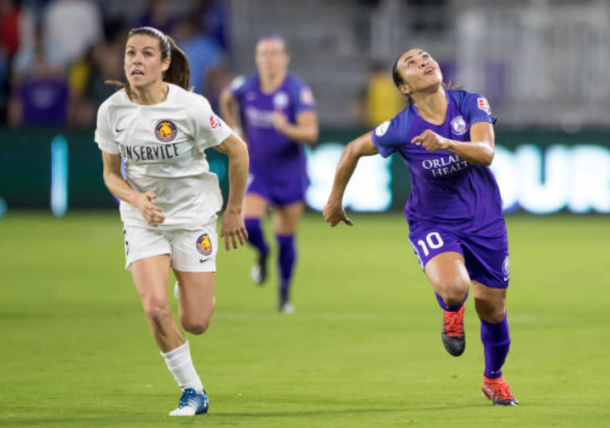 Expect Kelley O'Hara (left) and Marta (right) to battle each other Wednesday night at Rio Tinto Stadium. (Photo by Andrew Bershaw/Icon Sportswire via Getty Images)