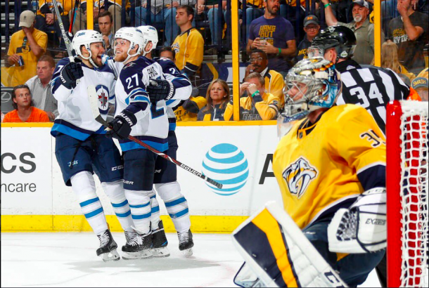 Tyler Meyers celebrates his goal against the Nashville Predators. | Photo: Winnipeg Jets on Twitter