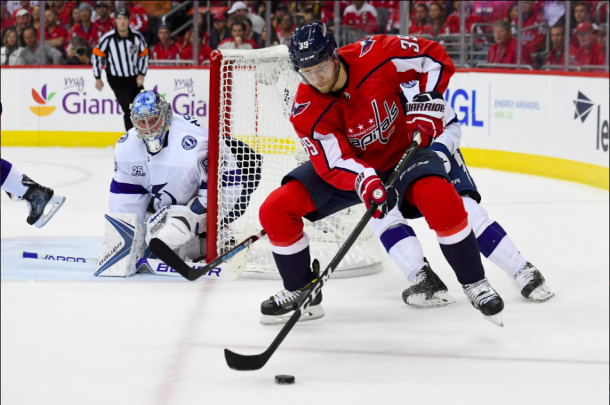 Alex Chiasson protects the puck from an ongoing Lightning player. | Photo: Washington Capitals on Twitter