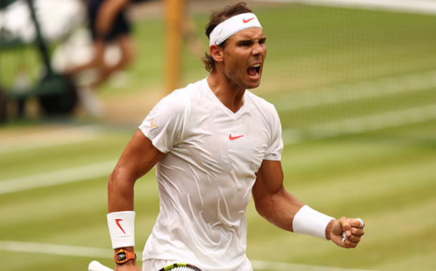 A fired up Nadal reacts to taking the fourth set (Michael Steele/Getty Images)