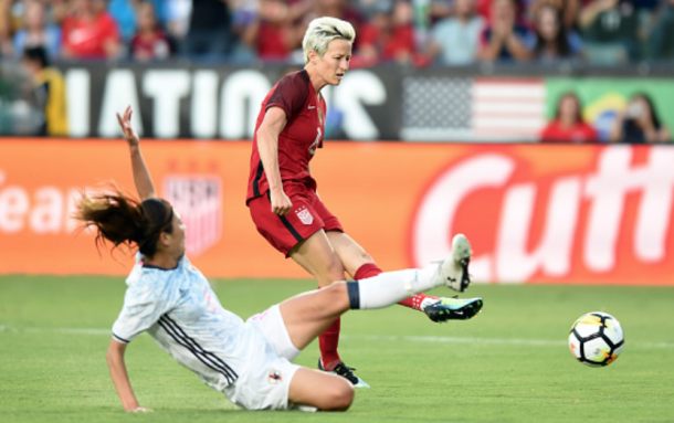 Last year Seattle Reign FC teammates Megan Rapinoe (Red) and Rumi Utsugi (White) played in last year's tournament. This year Utsugi did not get a call up for Japan due to injury. (Photo by Chris Williams/Icon Sportswire via Getty Images)