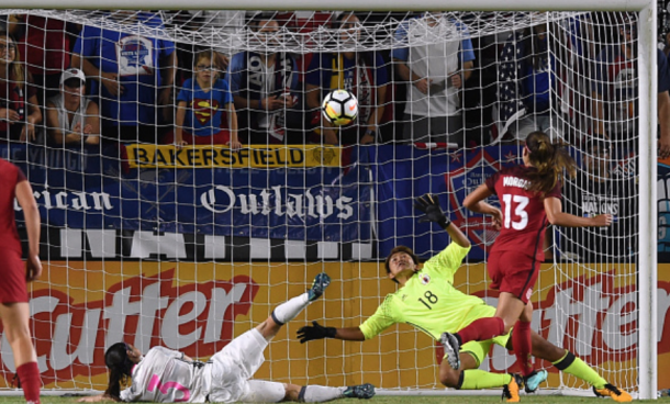 Orlando Pride Alex Morgan watches her shot go by Japan goalkeeper Ayaka Yamashita (18) during last year tournament. (Photo by Chris Williams/Icon Sportswire via Getty Images)