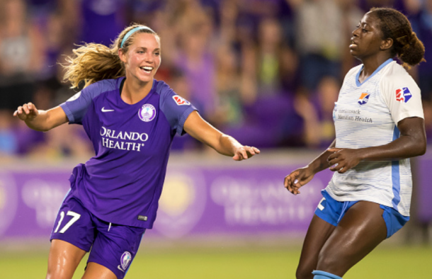 Orlando's Dani Weatherholt celebrates her late equalizer against Sky Blue FC. (Photo by Andrew Bershaw/Icon Sportswire via Getty Images)